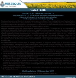 Hessequa Riversdal Direkteur Tegniese Dienste Riversdal - Hessequa Municipality